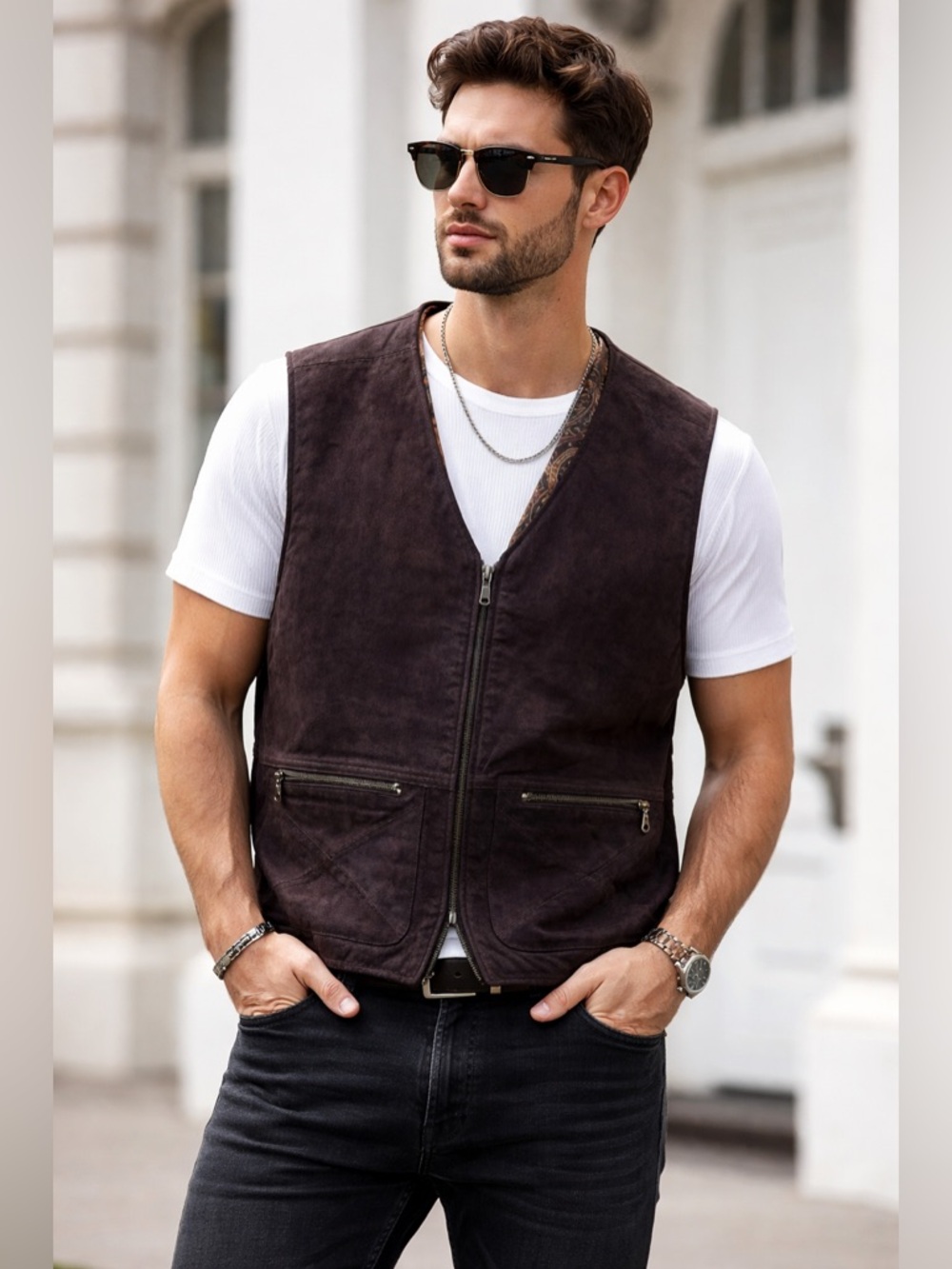 Vintage Chocolate Brown Suede Leather Vest, Size Large, Zip Front